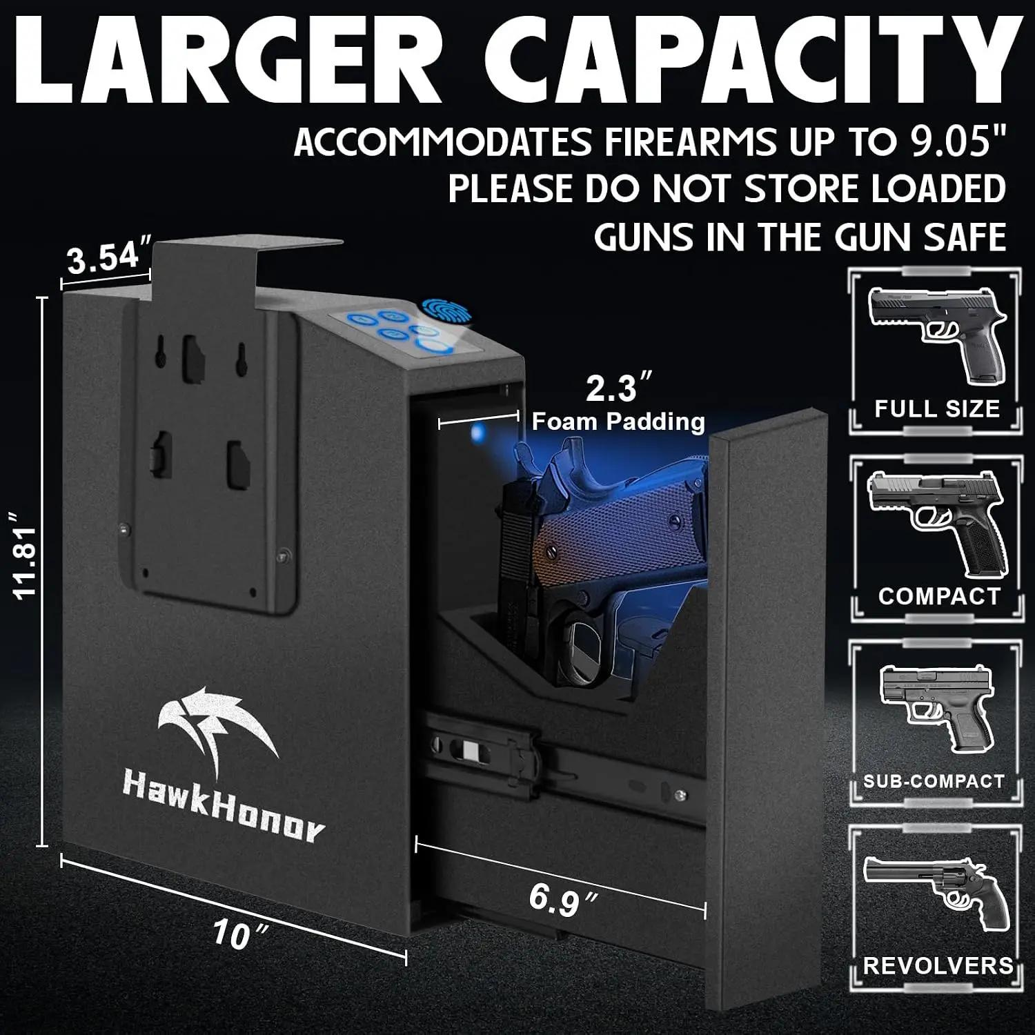Gun Safe For Handgun, Gun Case, Biometric Slider HandgunSafe for Nightstand, Bedside, Pistol Safe For Desk, Car, Truck - with Fi
