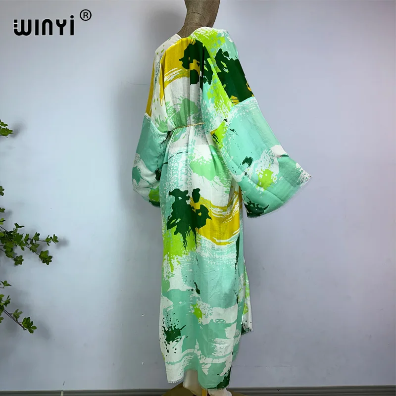 Winyi Kimono Zomerprint Y 2K Kaftan Bikini Cover-Up Elegant Vest Sexy Vakantie Maxi Strand Badpak Avond Feestjurk