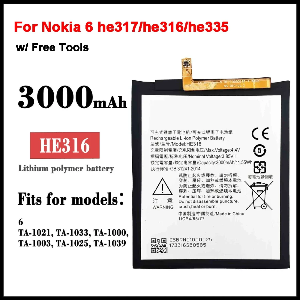 Battery for Nokia 6 he317/he316/he335 Ta-1021/TA-1000/TA-1003