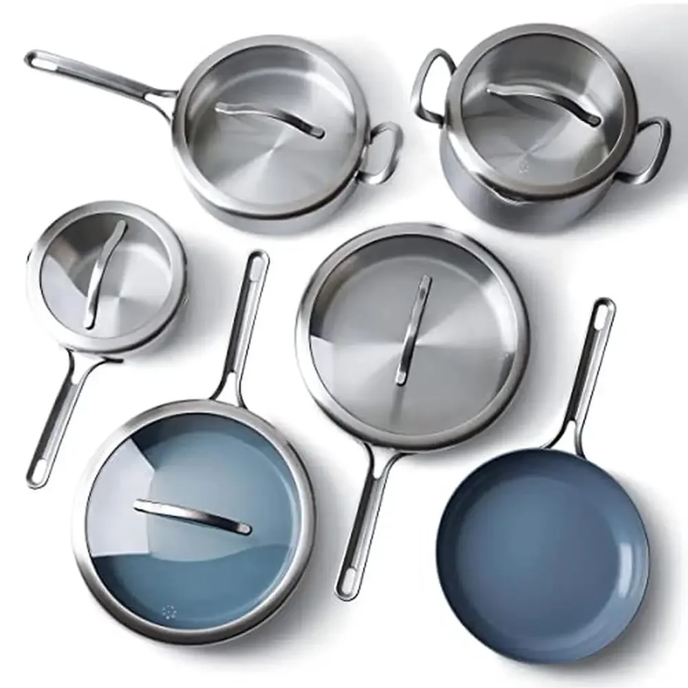 Food 52 Five-Two Stainless Steel Cookware Set with Ceramic Nonstick Pans Rivet-Free Handles Non-Slip V-Shape Diamond-Coated