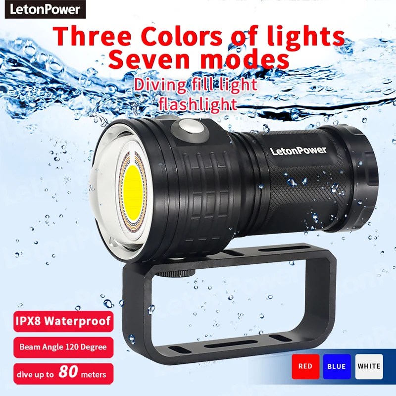 LetonPower Underwater Photography Light Highlight 12000Lumens COB Lamp LED Diving Flashlight 100M Waterproof Video Torch