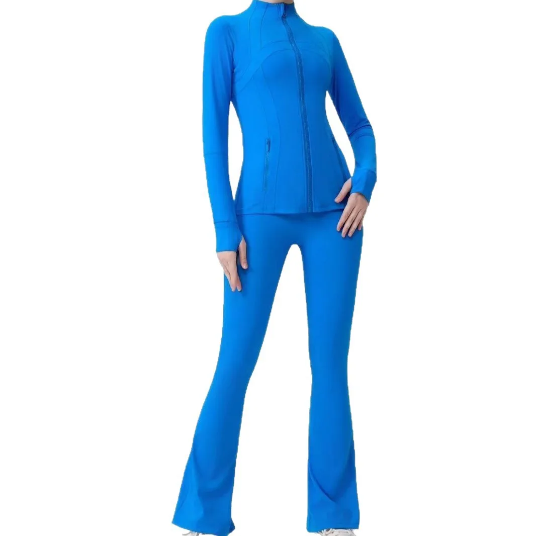 مجموعة LU الجديدة الملونة المكونة من قطعتين: سروال نسائي صغير واسع وسترة بياقة واقفة، بدلة رياضية عالية الخصر للتحكم في البطن