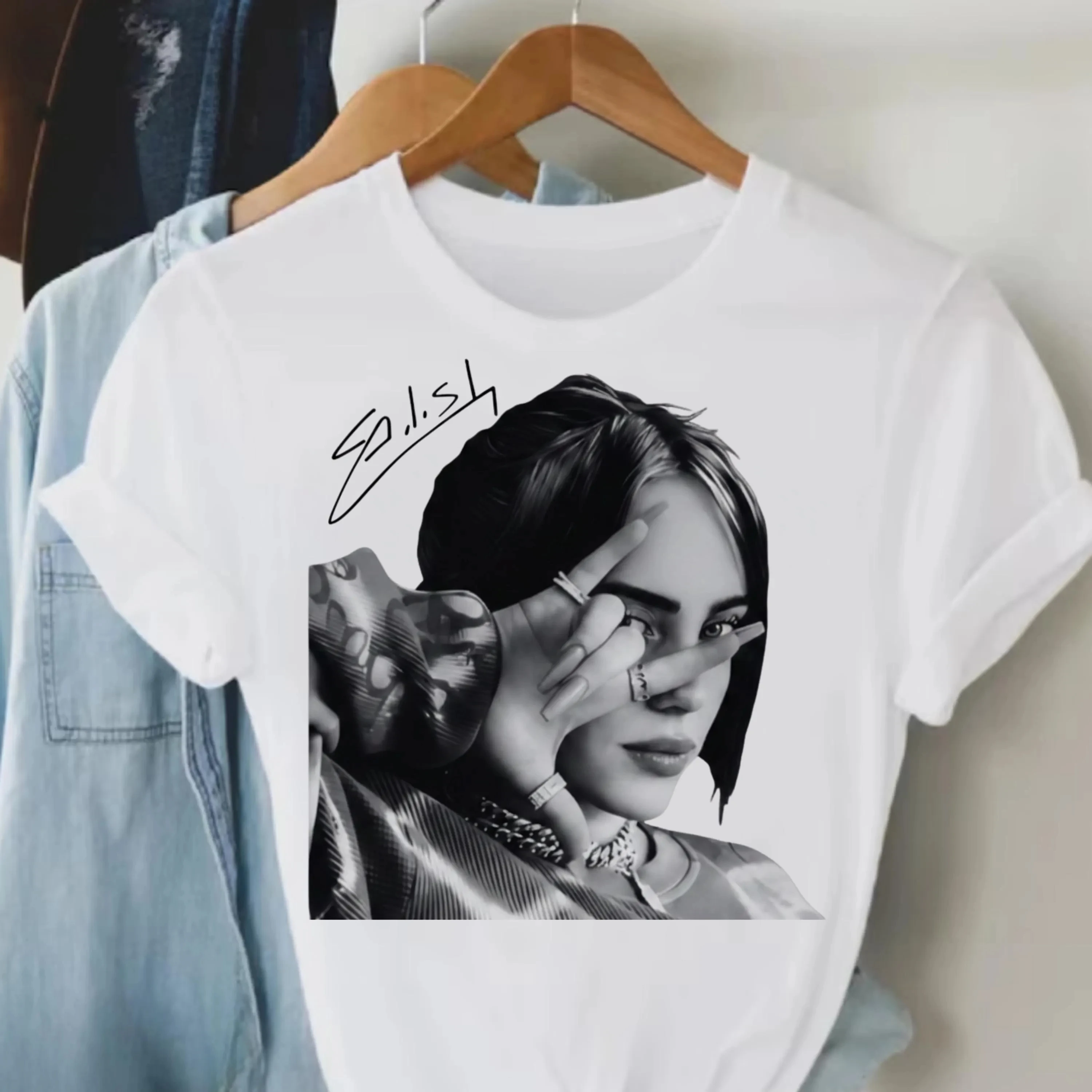 Singer Billie Eilish Portrait T-Shirt Cotton Men's Summer Women's Hip Hop Short Sleeve Tshirt Unisex Fan Gifts Streetwear