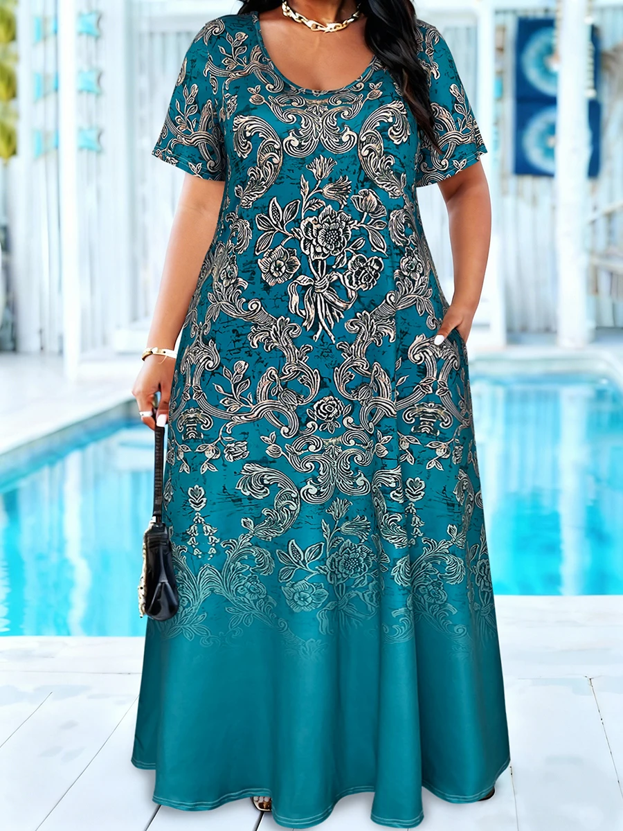 Plus size floral print loose maxi dress