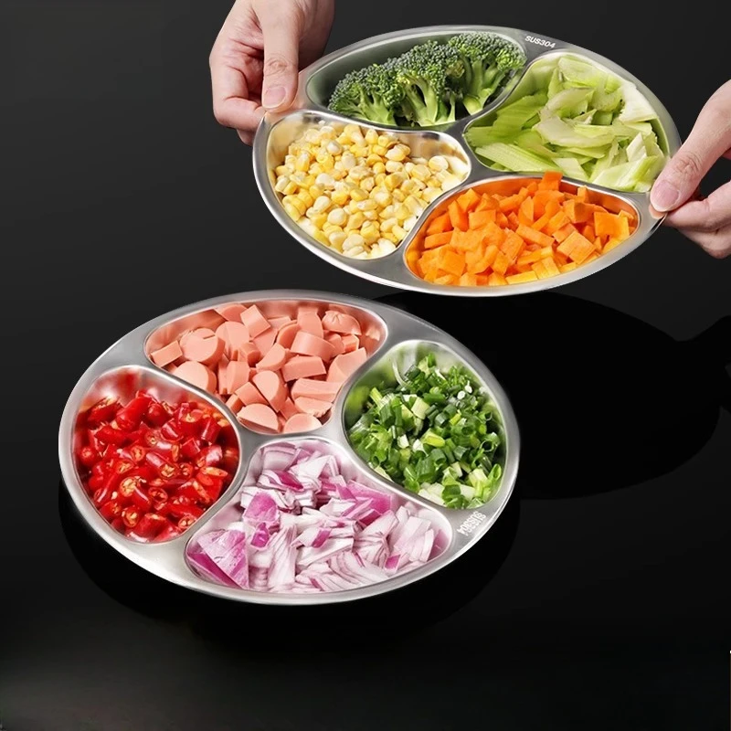 

304 Stainless Steel Ginger Garlic Onion Prep Plate Multi Compartment Cooking Ingredient Tray Kitchen Tool