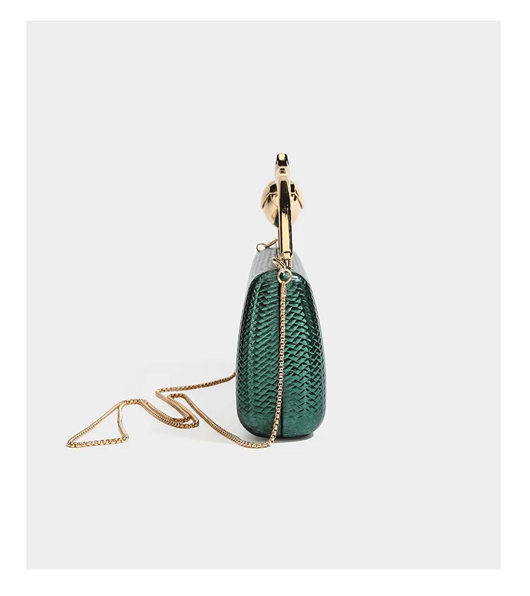 Ladies Hard‑Shell Woven Evening Handbag, Glossy Metallic Texture, Unique Tulip Gold Metal Top Handle, Removable Chain Strap for Prom Cocktail Events