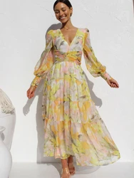 Spring Autumn New Style Casual Print Long Sleeve Dress Fashion Sexy V-Neck Long Swing Dress Club Party Dress Women's Dress Robe
