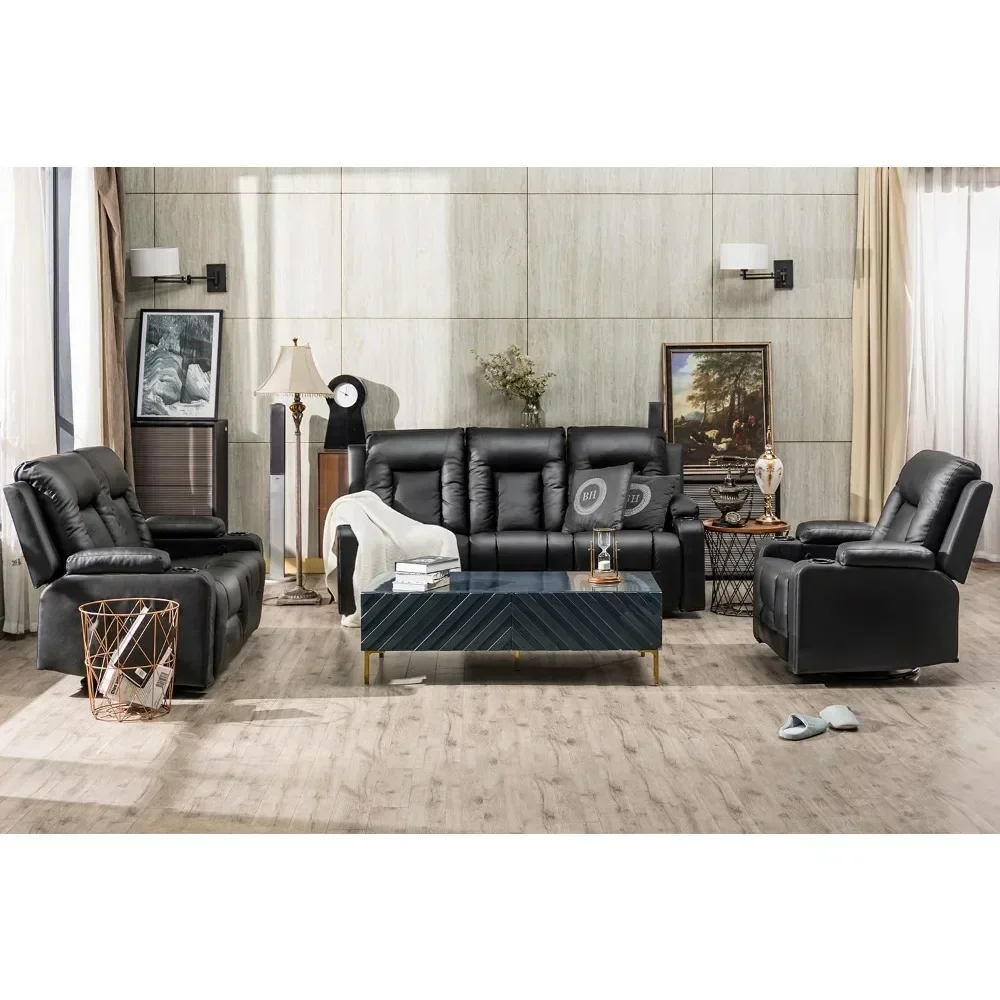 Recline Chair Set，Furniture 3PC Bonded Leather Recliner Set Living Room Set, Sofa, Recline Chair with Massger A