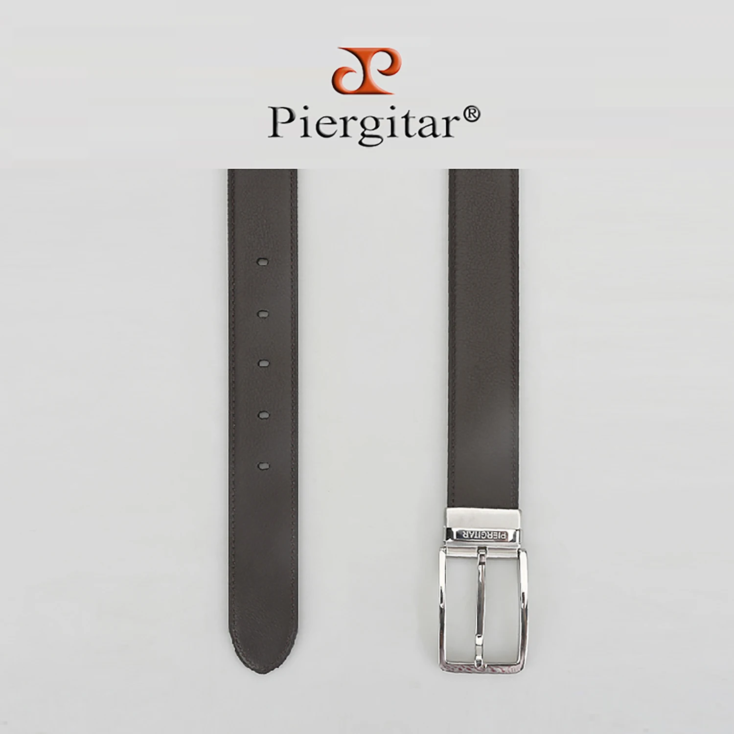 Piergitar Dark Brown Lychee Pattern Genuine Leather Men's Belt With Custom Gold Or Sliver Mirror Buckle For Formal Occasion Wear