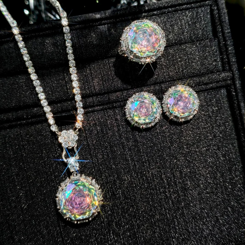 Large Carat Rose Cut Colorful Zircon Necklace Earrings Ring Three-Piece Set for Women High-End Elegant Date Gift