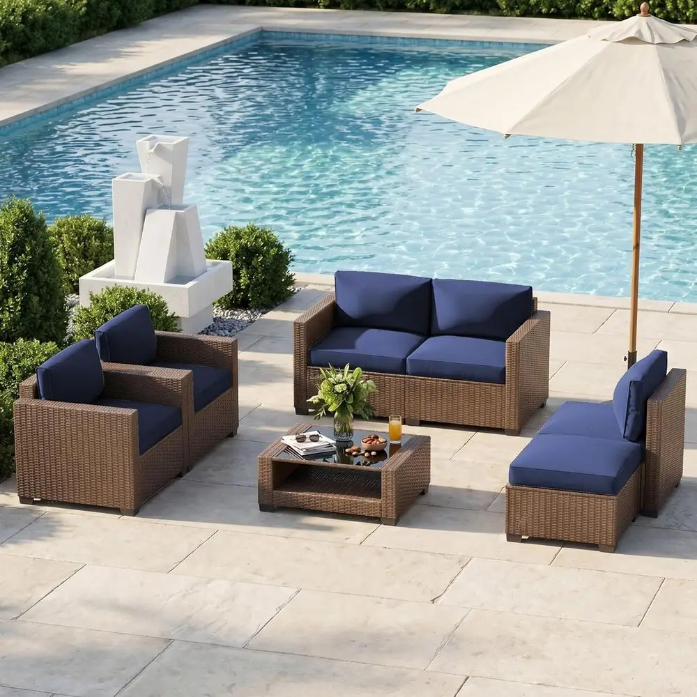 

7-Piece Outdoor Wicker Sectional Sofa Set with Cushions and Glass Table, Brown-Navy