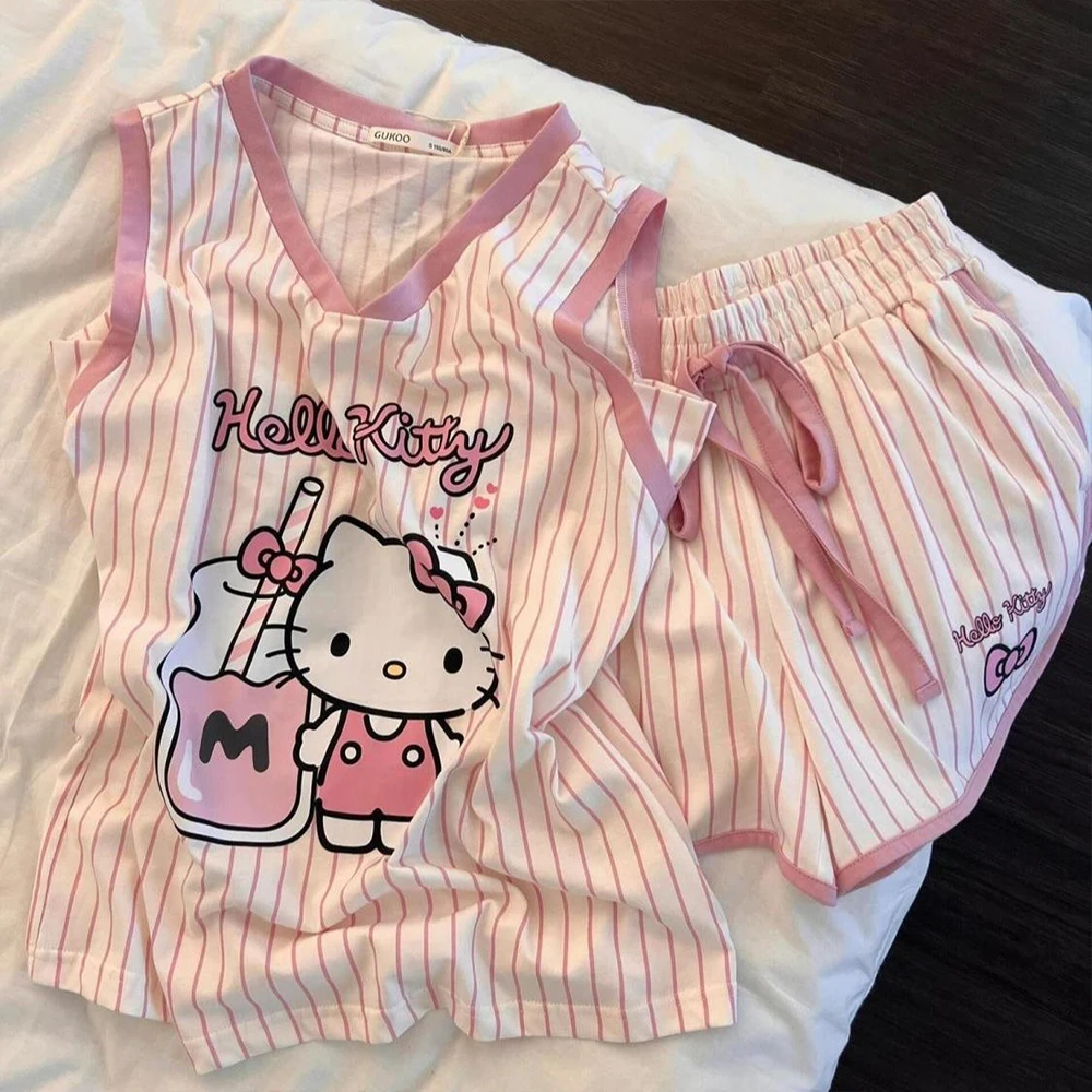 

Pink Hellokitty Sleeveless Tops Girls Sportswear Y2K Summer Vest Cartoon Shorts Anime Print Fashion Stripe Home Clothing Set2025