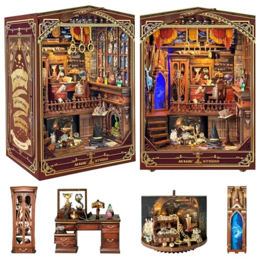 

Набор для создания книжного уголка: миниатюрный домик-3D-пазл из дерева с LED-подсветкой и пылезащитным чехлом для книжной полки, деревянный конструктор для взрослых и всей семьи