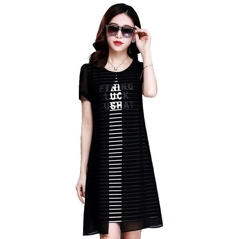 Summer Women Bodycon Dress Two Piece Striped Print Patchwork Chiffon Dress