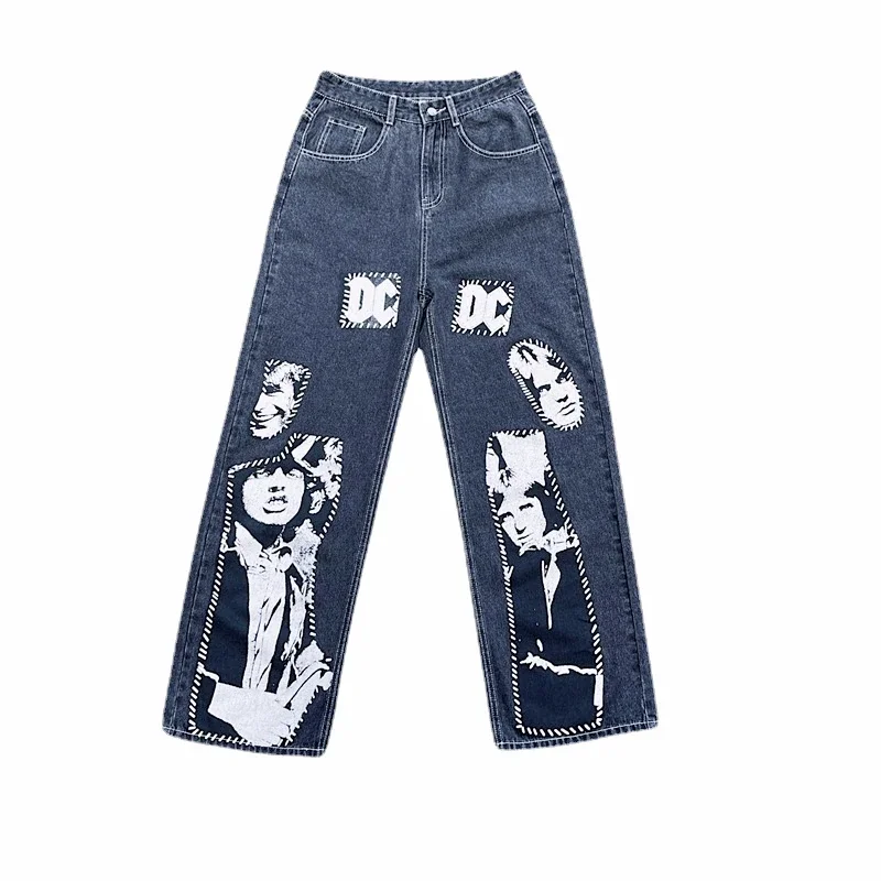

Y2K 2023 American Fashion Patch Patch Straight Jeans High Street Loose Wide Leg Pants Long Pants Men's and Women's Models black