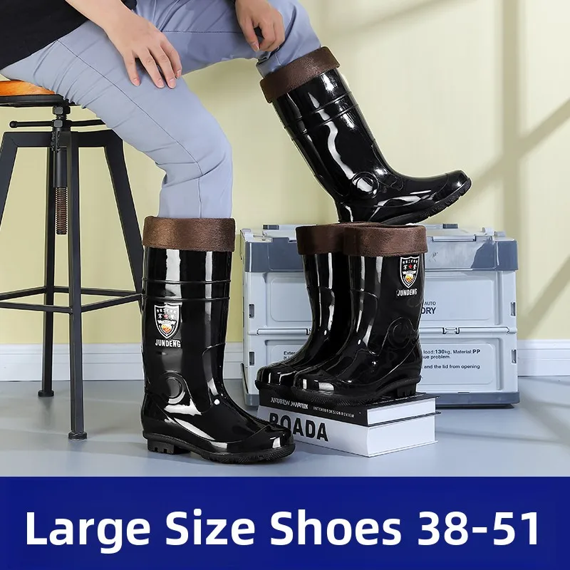 Large Size Fleece Lined High Top Rain Boots Men's 47 48 Waterproof Non Slip Construction Kitchen Work Boots Rubber Shoes