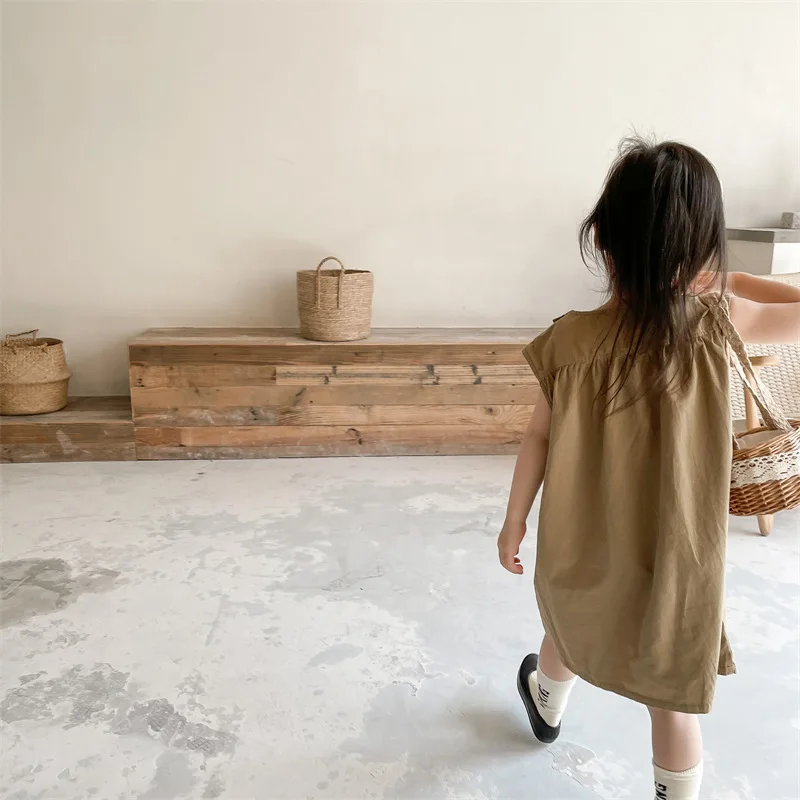 2026 Summer Girls Washed Cotton Dress, Korean Style Princess Dress Kids Summer Casual Dresses For Little Girls