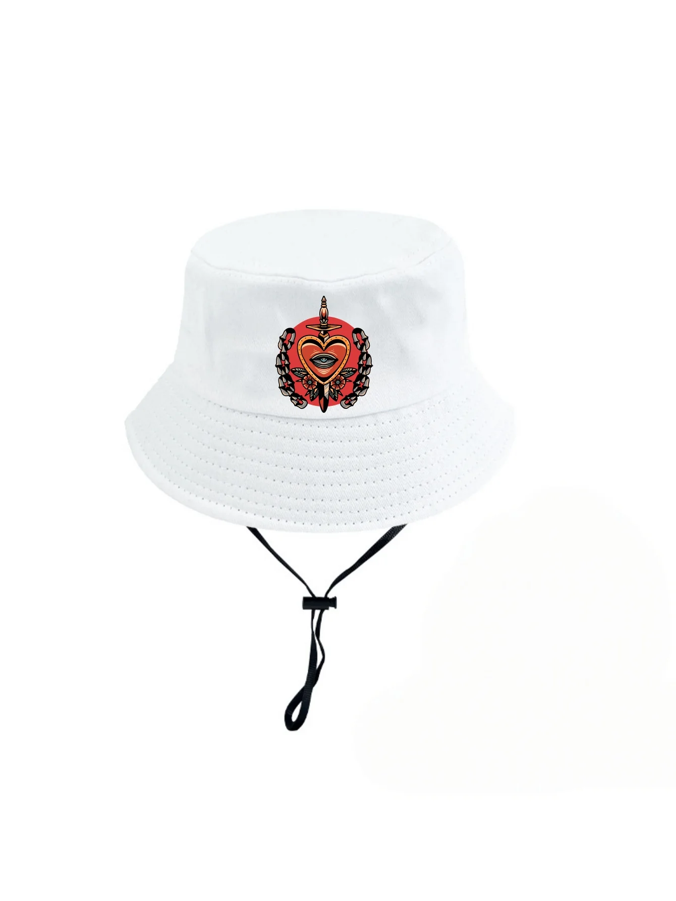 Vintage Dagger Heart Eye Tattoo Print Bucket Hat Adjustable Chin Strap Outdoor Sun Protection Fisherman Cap Men Women Hat