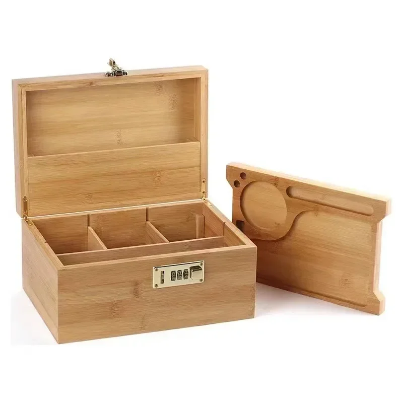 Bamboo Storage Box Solid Wood Clamshell Cigarette Rolling Tray Tea Storage Case Storage Box with Lock