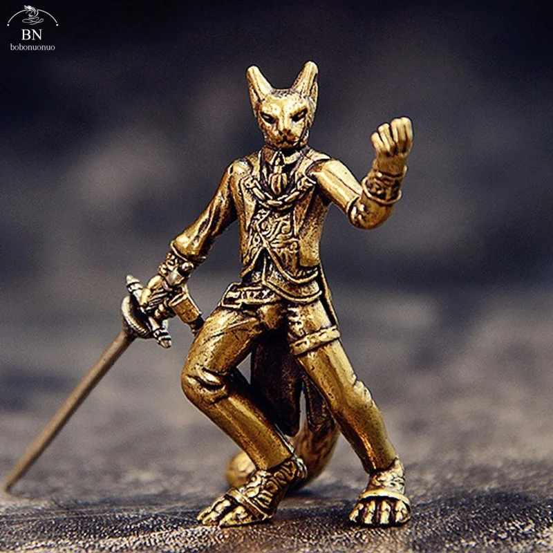 Brass Swordsman Cat Small Statue Retro Characters Warrior Miniatures Figurines Desktop Decorations Crafts Home Decors Ornaments