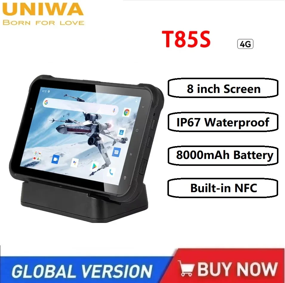 UNIWA T85S 4G 견고한 태블릿 PC, 8 인치 키오스크 모드, 4GB RAM, 64GB ROM, 8000mAh IP67 방수, 산업용 안드로이드 NFC 태블릿 패드