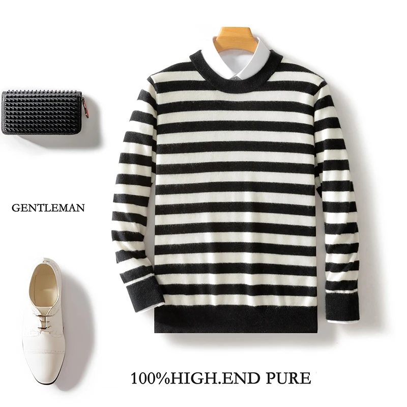 

Autumn And Winter New Men's Black And White Stripes 100% Pure Wool Fashion Joker Slim Knit Bottoming Sweater