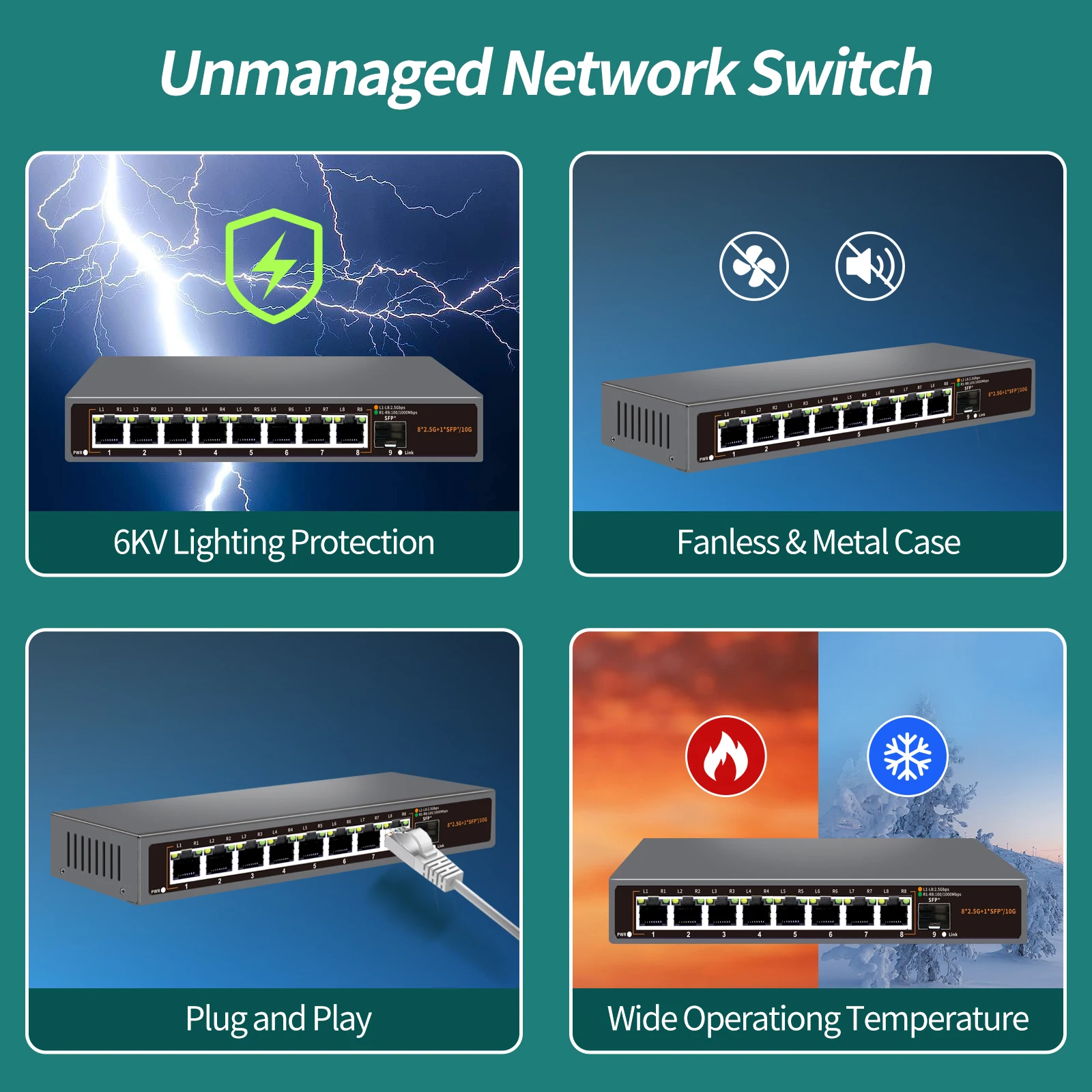 Imagem -04 - Gadinan-switch Ethernet Rede Ethernet Gigabit Plug And Play Hub Divisor de Internet Gigabit Gigabit Portas 25g 8x25 Gbps Base-t