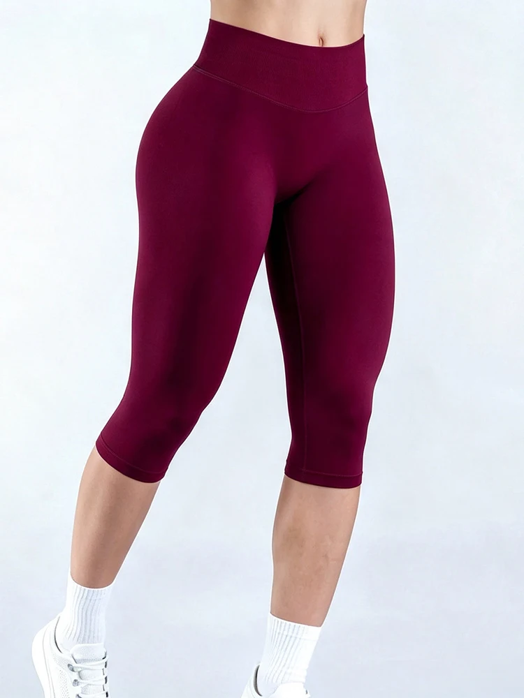 Seamless three section waist high stretch yoga cropped pants for women, running leggings, fitness peach hip pants