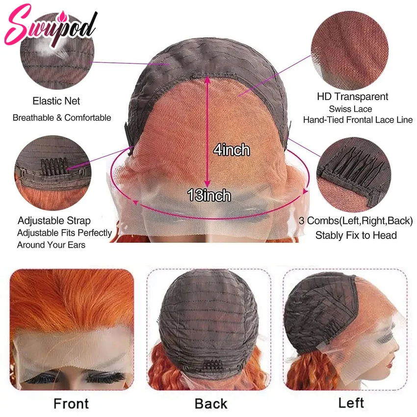 Swupod 13X4 13X6 200 Dichtheid Transparante Hd Lace Pruik Voor Vrouwen Body Wave Remy Human Hair Gember Oranje Kleur Lijmloos