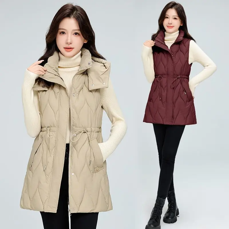 

Women Down Cotton Vest Autumn Winter New Fashion Detachable Cap Down Cotton Vests Hooded Mid-Long Sleeveless Female Outwear