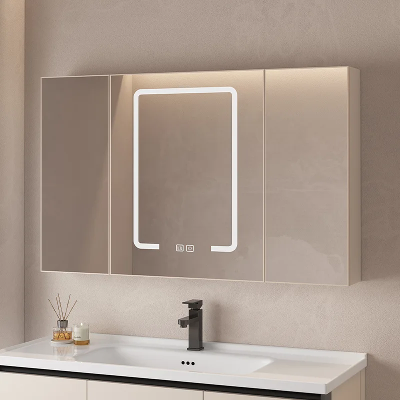 Moisture-proof space aluminum mirror cabinet Open grid storage Intelligent wall-mounted fill light and defogging  mirror cabinet