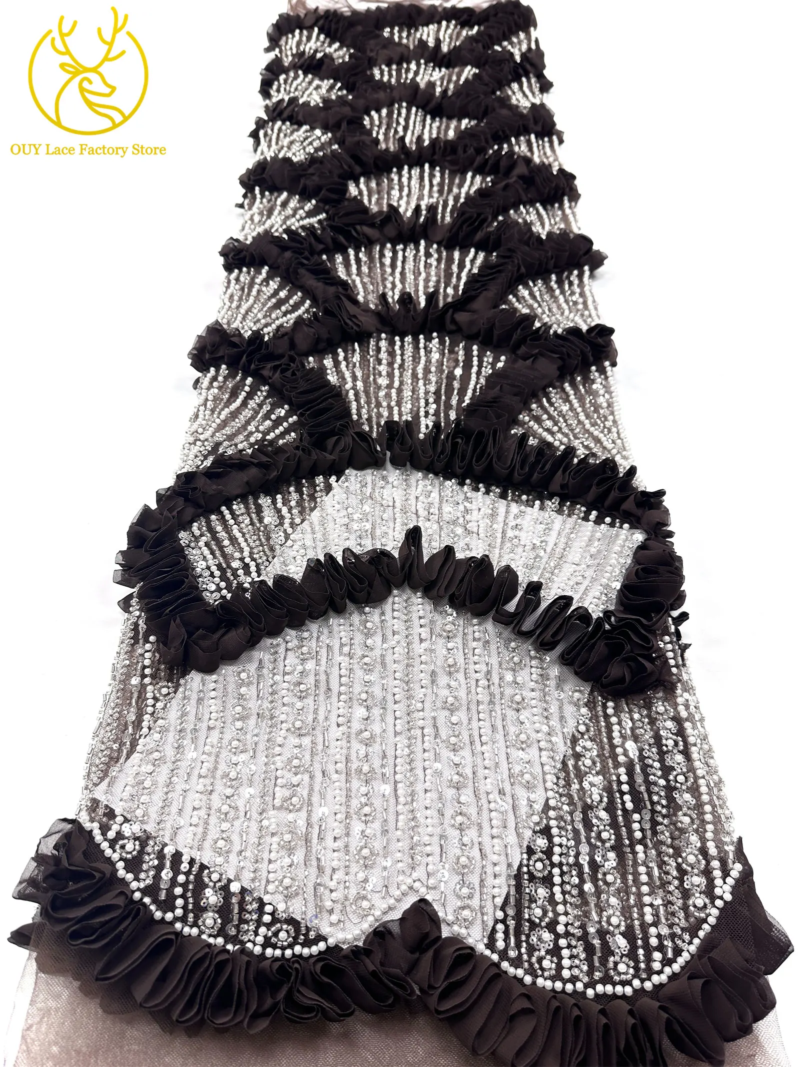 3D High-End Französischer Mesh-Stoff mit Stickerei und Perlen, Spitzenstoff 2026, Hochwertiger Afrikanischer Pailletten-Tüll für Hochzeitskleider zum Nähen – Detail 16