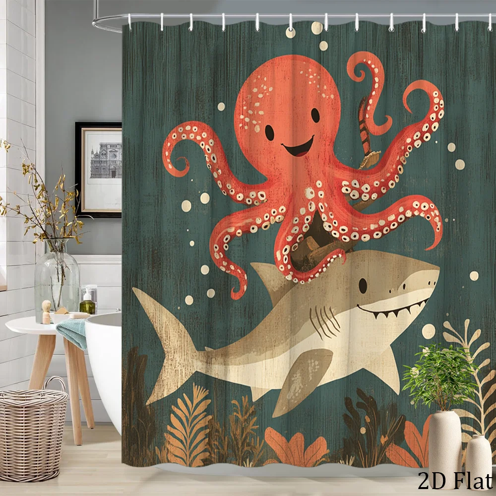 

Cute Underwater Octopus and Shark Shower Curtain Bathroom Decor Beach Sea Animals Mural Tile Print 180x200cm