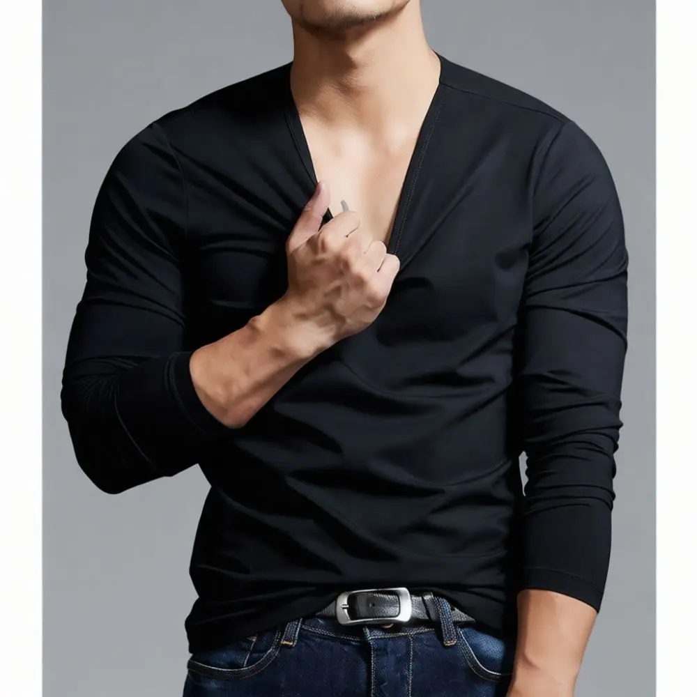 Mens Casual V Neck Long Sleeve T Shirt Slim Fit Dark Gray Base Layer Pullover Tops High Stretch Comfortable Tee