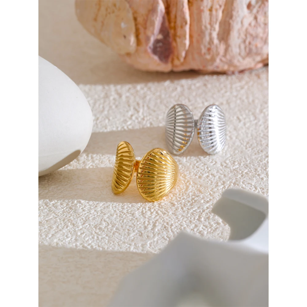 Yhpup High Quality Stainless Steel Metal Shell Stripe Geometric Open Adjustable Ring Texture Fashion Summer Holiday Jewelry