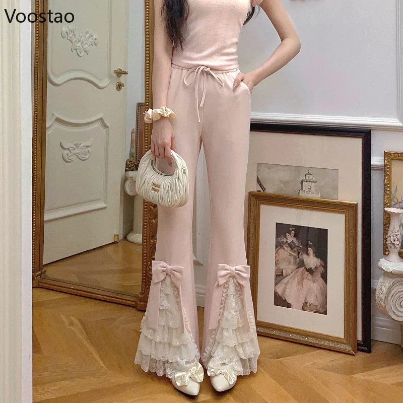 

Pink Lolita Style High Waist Flared Pants Women Vintage Sweet Lace Patchwork Ruffles Trousers Female Korean Casual Slim Pants