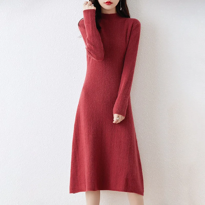 Women Loose Dresses Longer 100% Wool Knitted Jumpers 2023 New Fashion Winter Female Mid-calf Soft Cashmere Pullovers