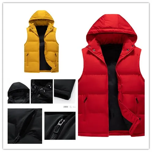 

Sleeveless Padded Jacket Brand Hooded Vest Men Casual Waistcoat Couples Detachable Hat Zipper Pockets Down Jackets Men Outwear