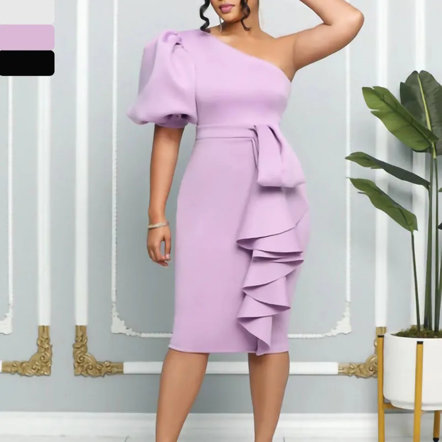 

Women's Puff Sleeve Wrap Hip Dress, Sexy Ruffles, Fashion, Wedding Party, Office Lady, Bodycon