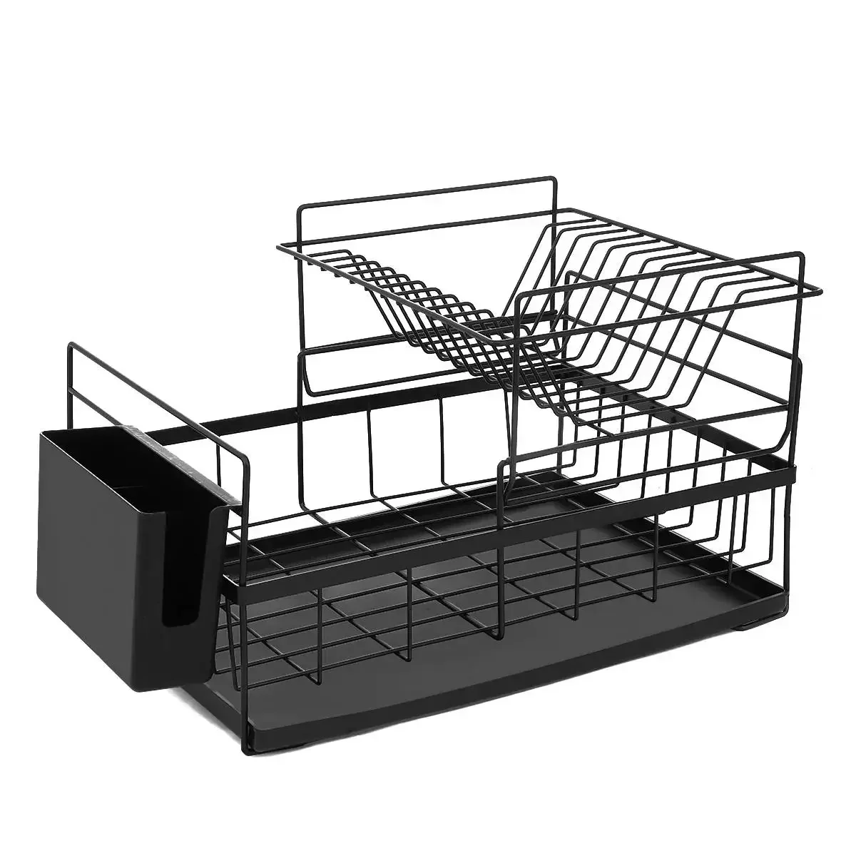 2 Tiers Kitchen Dish Drying Drain Rack Shelf Holder with Drainboard Tray Fork Cup Container Iron Organizer Drainer