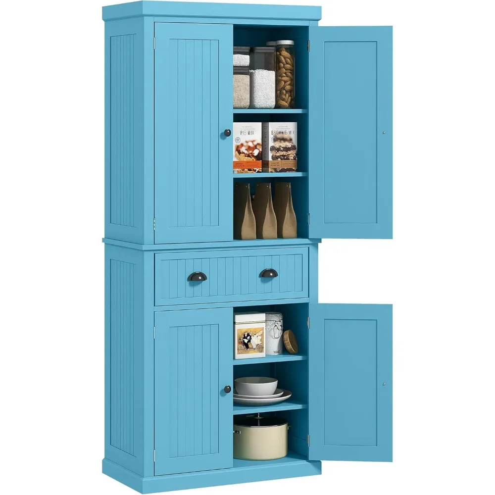 

72 traditional kitchen utensil cabinet, independent high storage cabinet with 4 doors, drawers, and 3 adjustable shelves