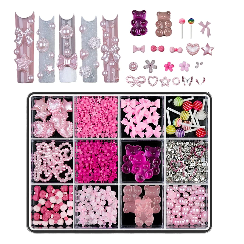12 Sztuk Ozdób do Paznokci z Żywicy w Kształcie Kokardek, Misiek, Serca, Kwiatów, Kawaii DIY Dekoracje, Lizaki, Ozdoby 3D do Manicure, Cyrkonie