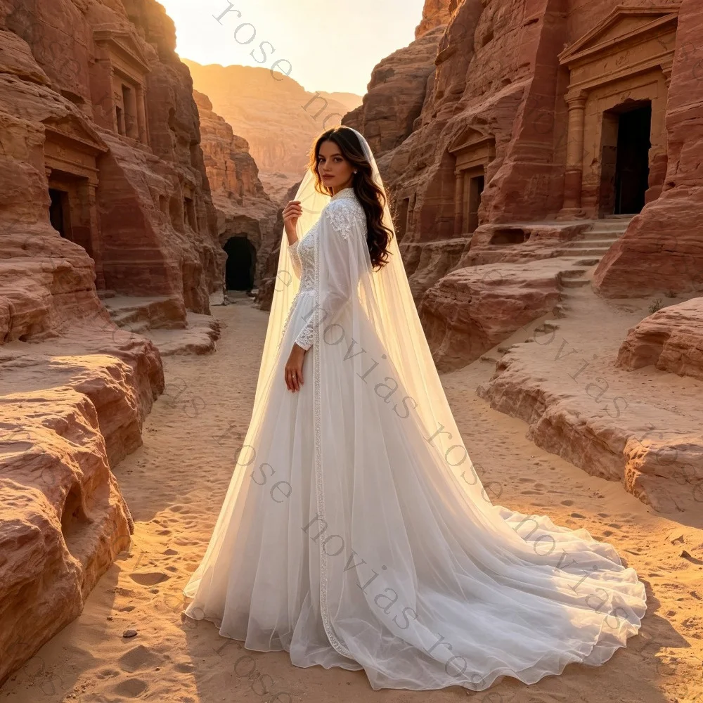 Customized Elegant Lace Beaded Shawl A-line Wedding Dress 2026 High Neck Long Sleeved Sheer Bridal Gown Suitable for Parties