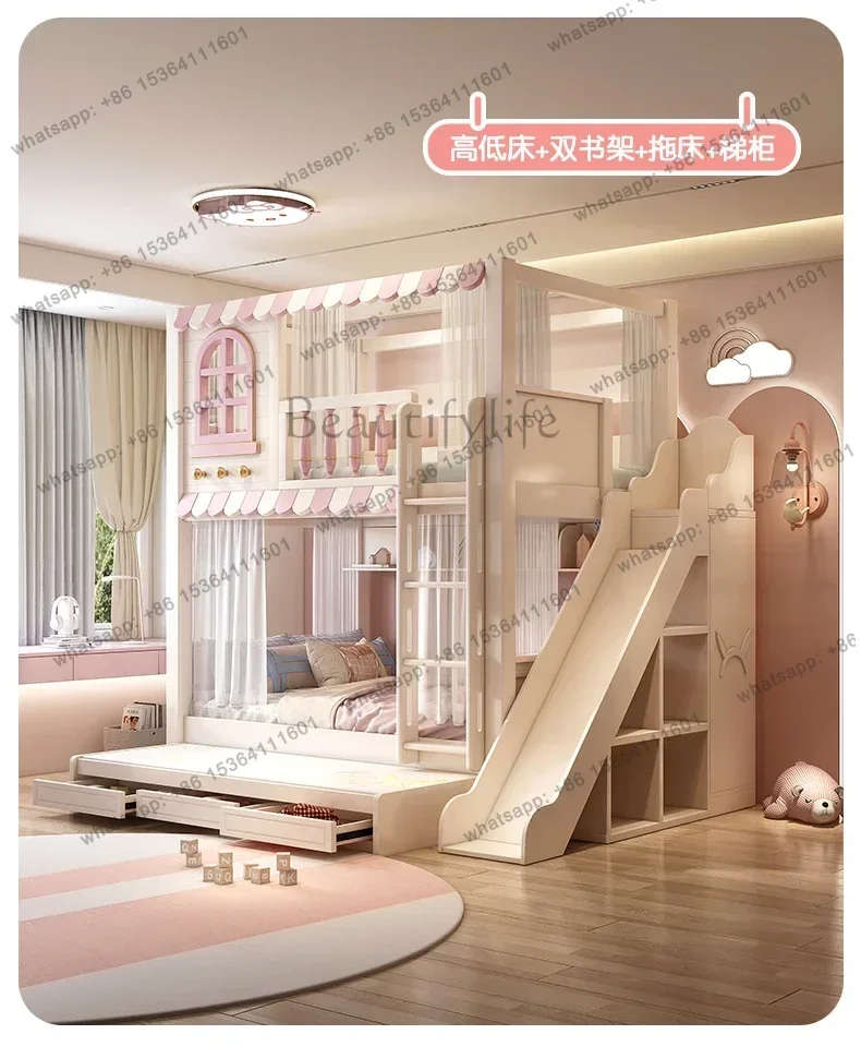 Pink upper and lower bunk beds, all solid wood high and low structures on the roof, windows with guardrails, slides