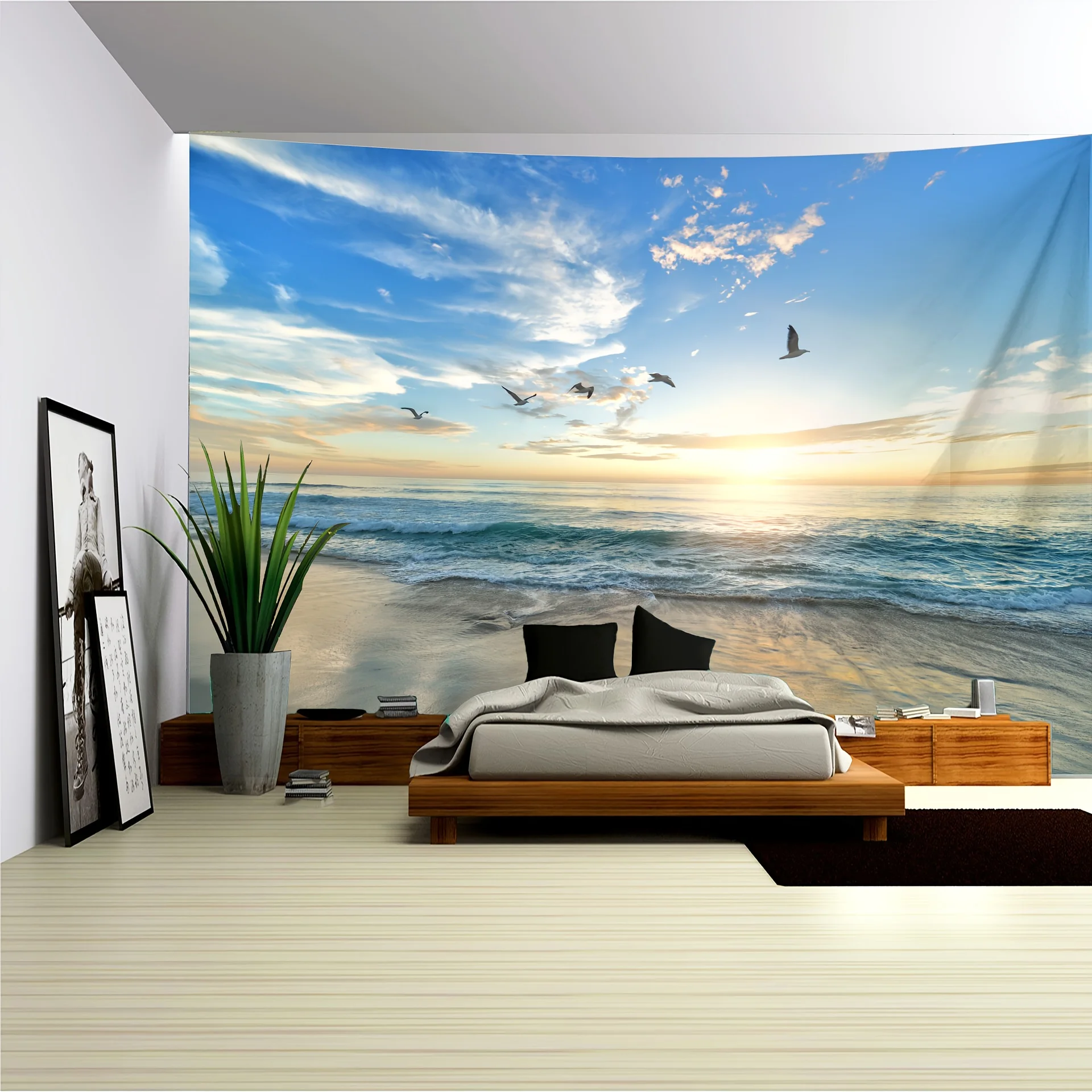 1pc Beach and Sea Wave Landscape Photo Background Wall Hanging Large Size Polyester Tapestry For Living Room Bedroom Office Home