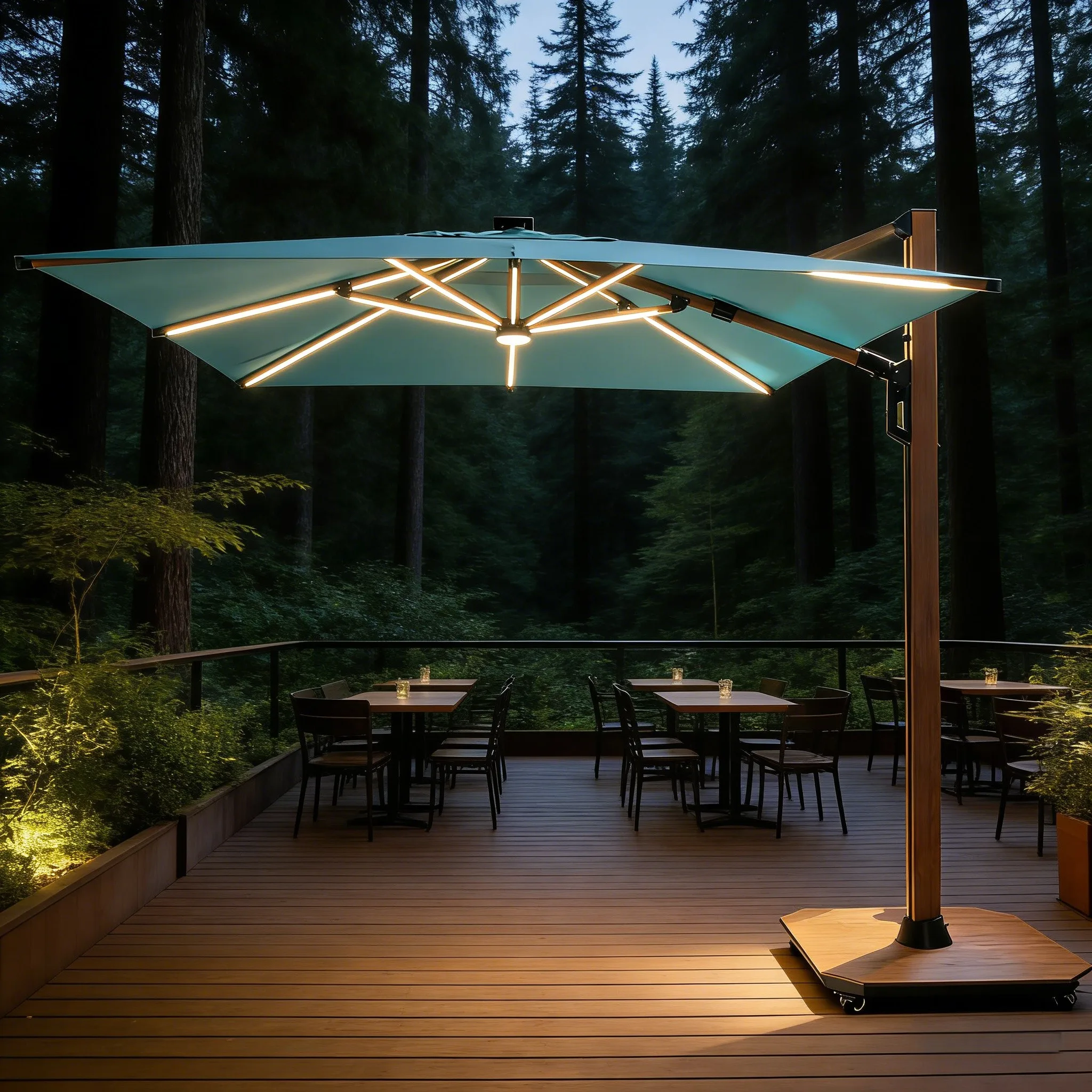 Heavy Duty Aluminum Cantilever Umbrella Inward Push Outdoor Roman Umbrella with Cross Tile Base and Warm LED Strips