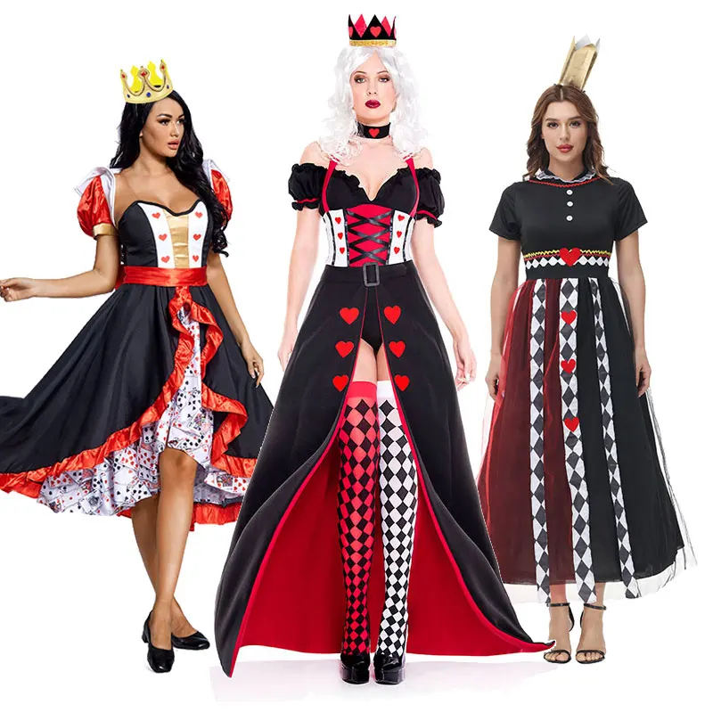 

Queen of hearts Alice in Wonderland Costume Poker Queen Cosplay Halloween Masquerade Costumes Sexy Dress with Headwear