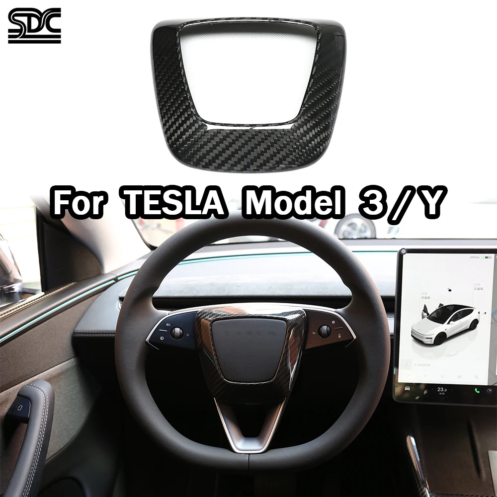 

Real Dry Carbon Fiber Interior Trims For Tesla Model Y Model 3 2023+ Steering Wheel Trim Cup Holder Wireless Charging Covers