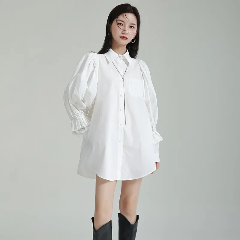 2023 Women Mid Length White Shirts Spring Clothing Lantern Sleeves Tops Loose Slim Lapel Cotton Blouese Black Niche Design Sense