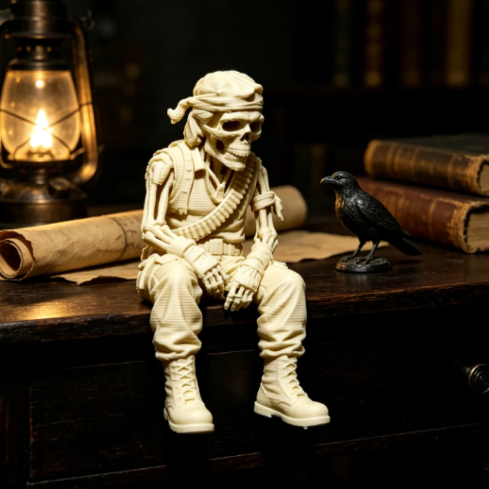 Gothic Seated Tactical Skeleton Soldier Statues 3D Printed Skeleton Warrior Mini Edge Hanging Figurine Shelf Desktop Decor Gifts